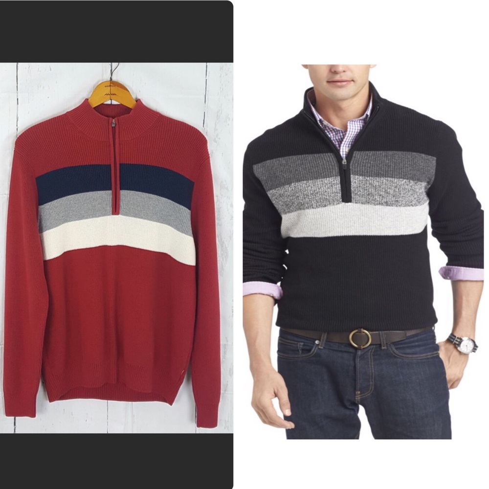 Men’s Red Sweater 1/4 Quarter Zip Ribbed Knit Pullover Izod XL